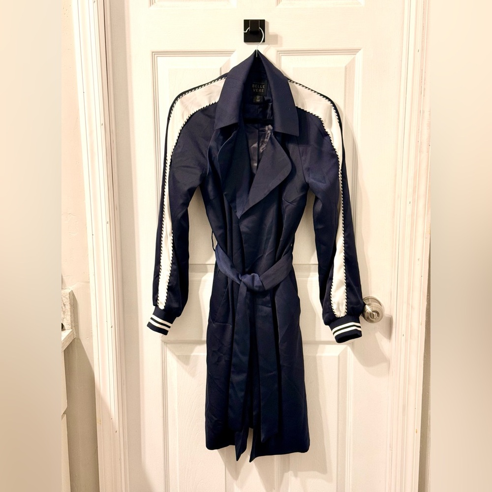 Belle Vere Satiny Navy Blue and White Light Weight Belted Trench Coat